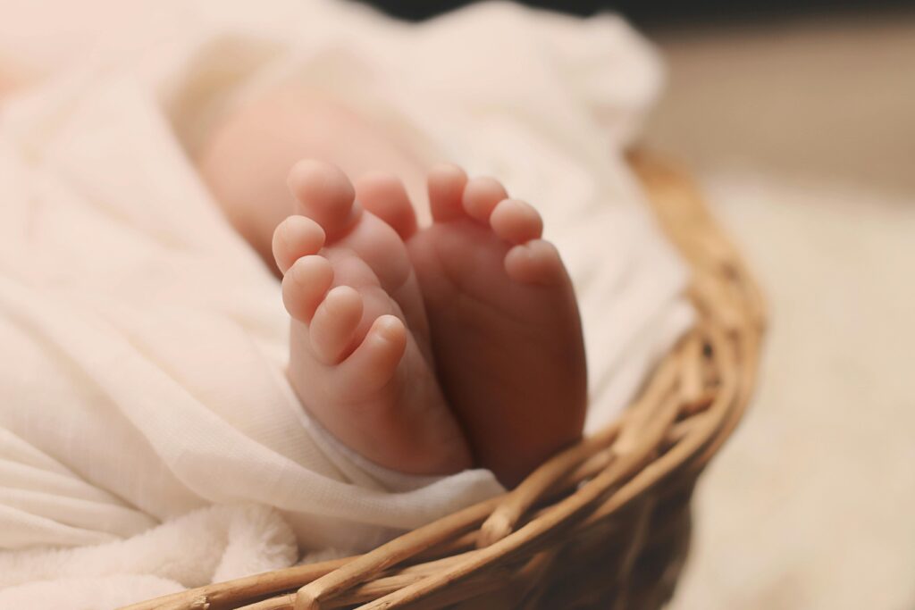 Adorable tiny newborn baby feet wrapped in a soft blanket inside a wicker basket.